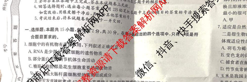 2024年全国高考模拟调研卷(三): 含物理(B Y) 文综(L) 文综(X Y)试卷解析生物试题