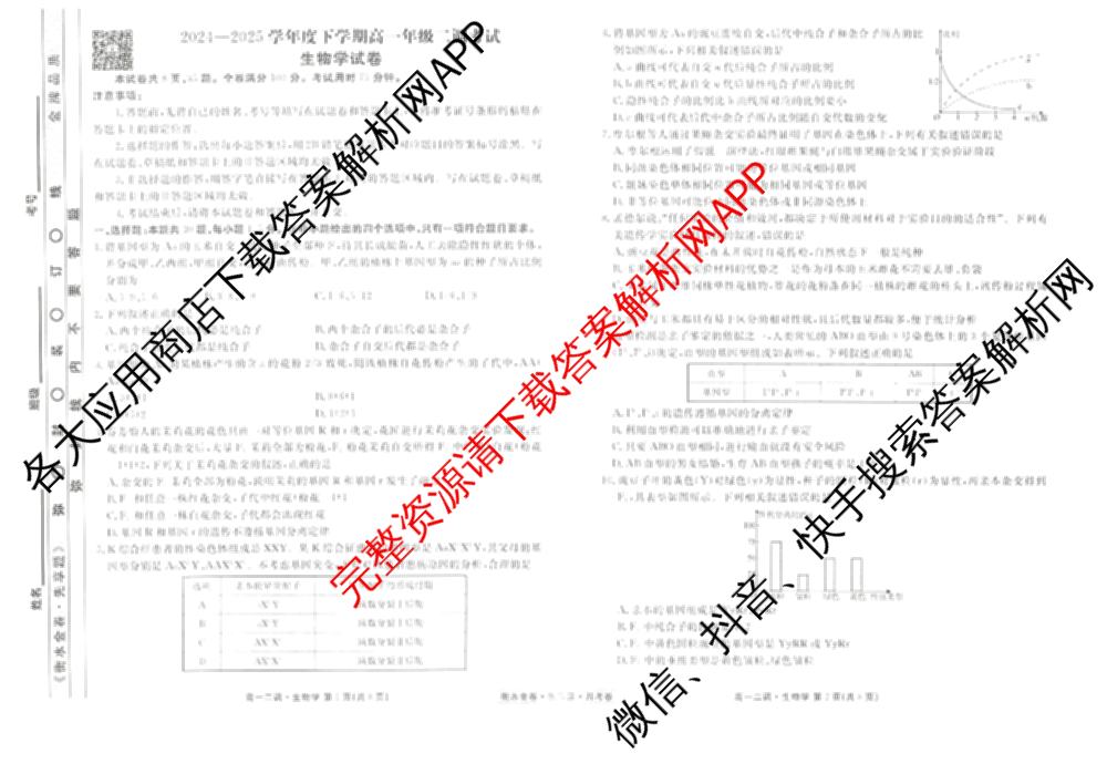 衡水金卷先享题月考卷2024-2025学年度下学期高一年级二调考试: 含政治 英语(人教版) 化学(人教版)试卷解析生物试题