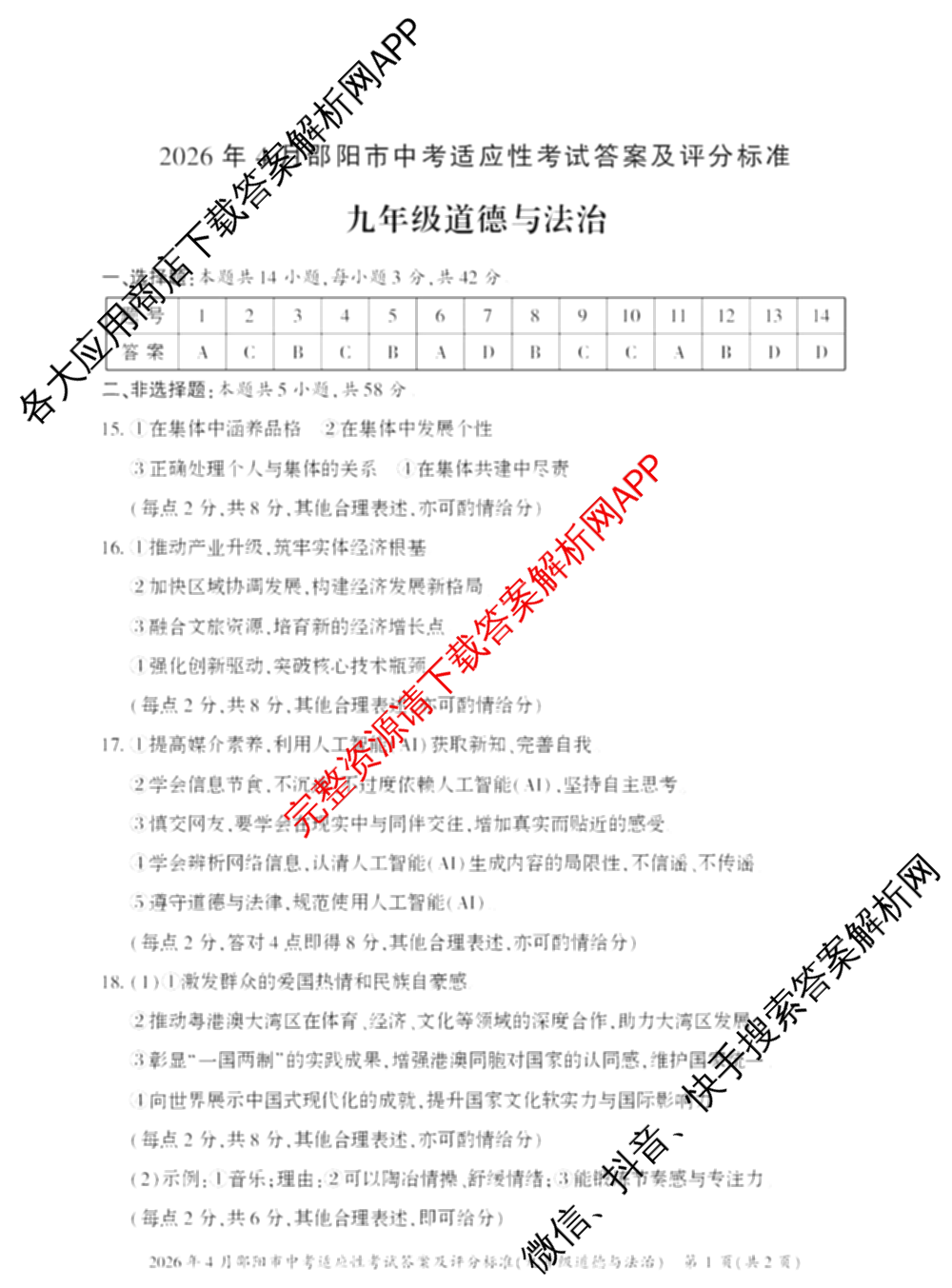 2026年4月邵阳市中考适应性考试试题卷九年级试卷及答案汇总（含地理、英语、语文等9份）道德与法治答案