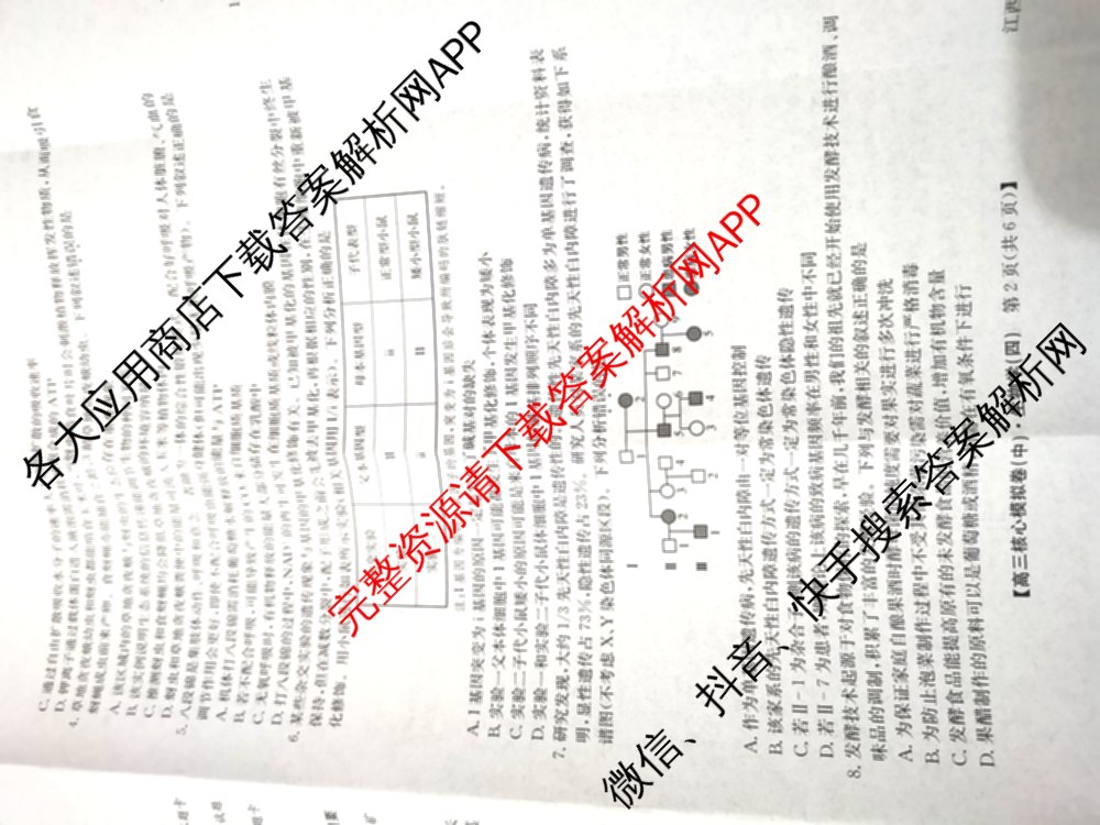 九师联盟2025~2026学年高三核心模拟卷(中)(四)试卷及答案汇总（36科全）生物试题