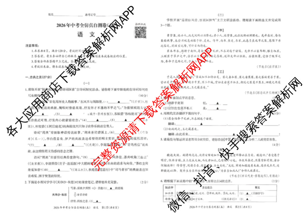 晋文源2026年中考全仿真自测卷(五)5试卷及答案汇总（含物理、语文、道德与法治等7份）语文试题