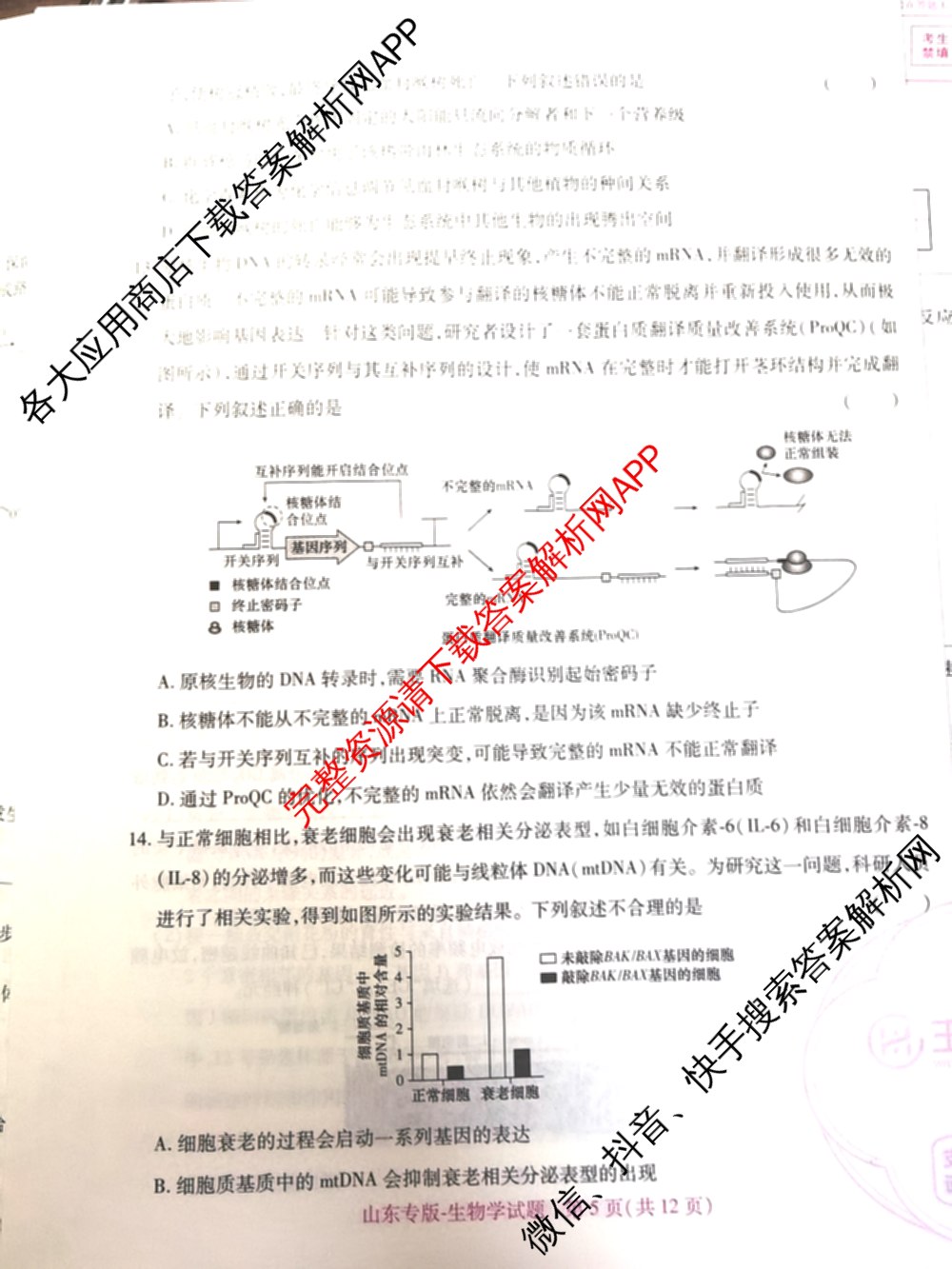 王后雄2024年普通高等学校招生全国统一考试预测卷各科答案及试卷（含语文(安徽专版)、政治(重庆专版)、历史(福建专版)等144份）生物试题