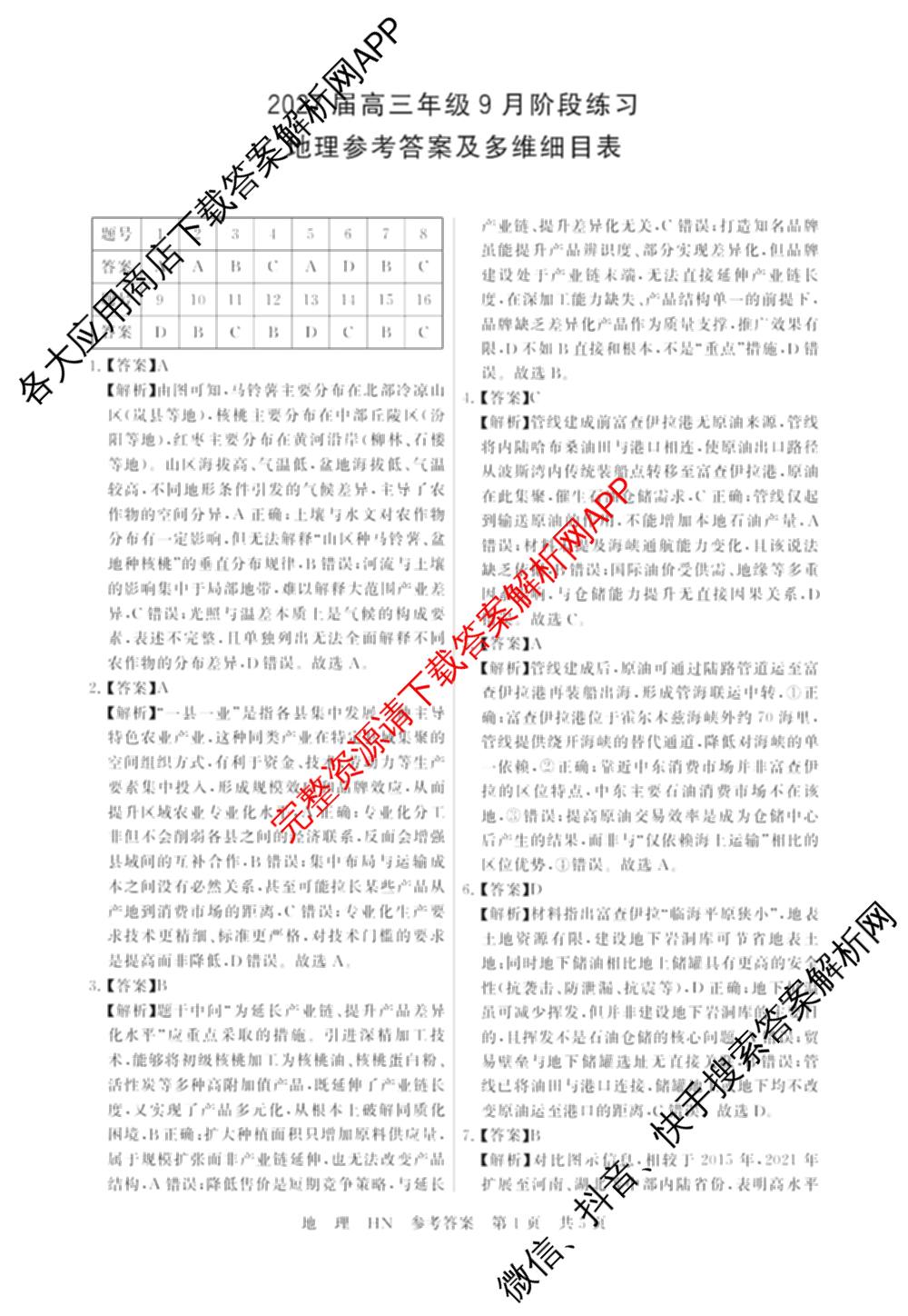 湖南省2027届高三年级9月阶段练(HN)试卷及答案汇总: 含化学、历史(HN)、英语试卷解析地理答案
