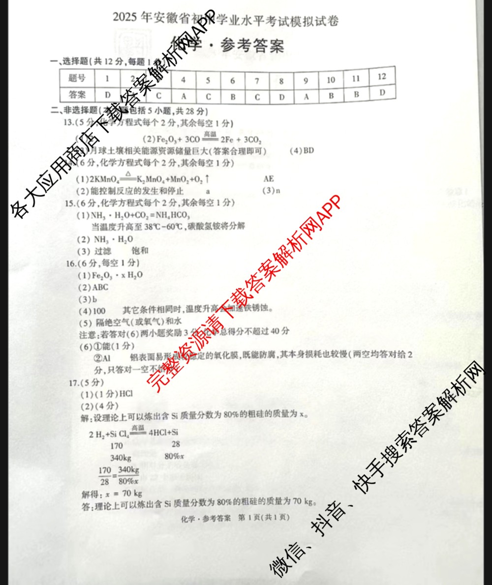 高升墨斗 2025年安徽省初中学业水平考试模拟试卷试卷及答案汇总(已更新化学、物理、语文等7份)化学答案