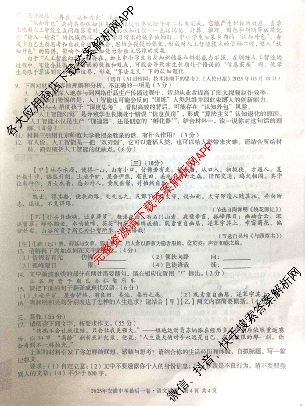 2025年安徽中考最后一卷: 含数学 物理 语文试卷解析语文试题