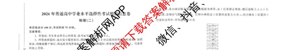 天舟高考衡中同卷2026年普通高等学校招生全国统一考试模拟信息卷(二)2各科答案及试卷(已更新化学(JY) 物理(HJ) 物理(WY)等24份)物理试题