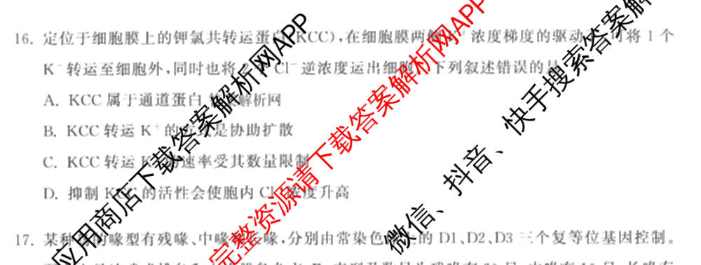 天舟高考衡中同卷2026年普通高等学校招生全国统一考试模拟信息卷(四)4(已更新化学(无字母) 政治(WY) 物理(山东版)等35份)生物试题