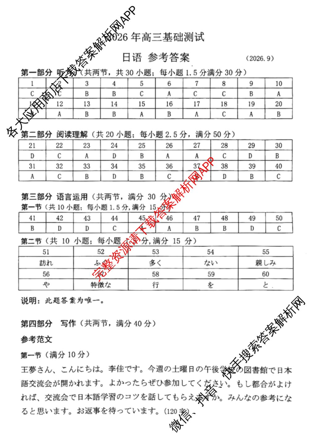 浙江省嘉兴市2026年高三基础测试(9月)试卷及答案汇总（含历史、化学、日语等）日语答案