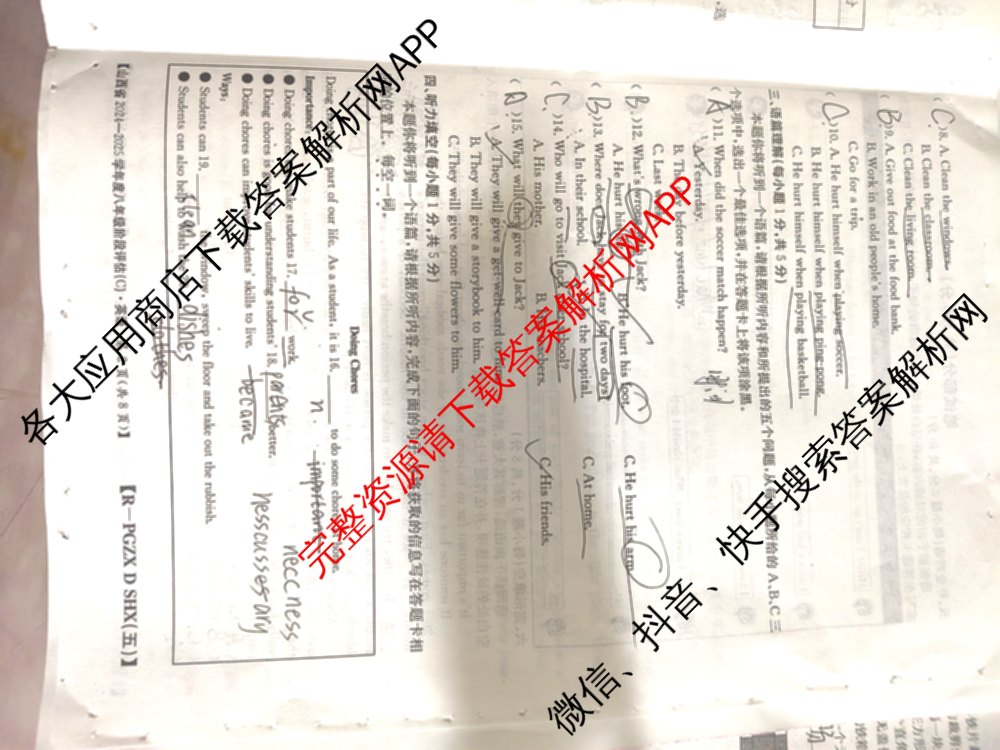 山西省2024~2025学年度八年级阶段评估(C)[PGZX D SHX(五)]试卷及答案汇总（含历史(R)、数学(HSD)、语文(R)等）英语试题