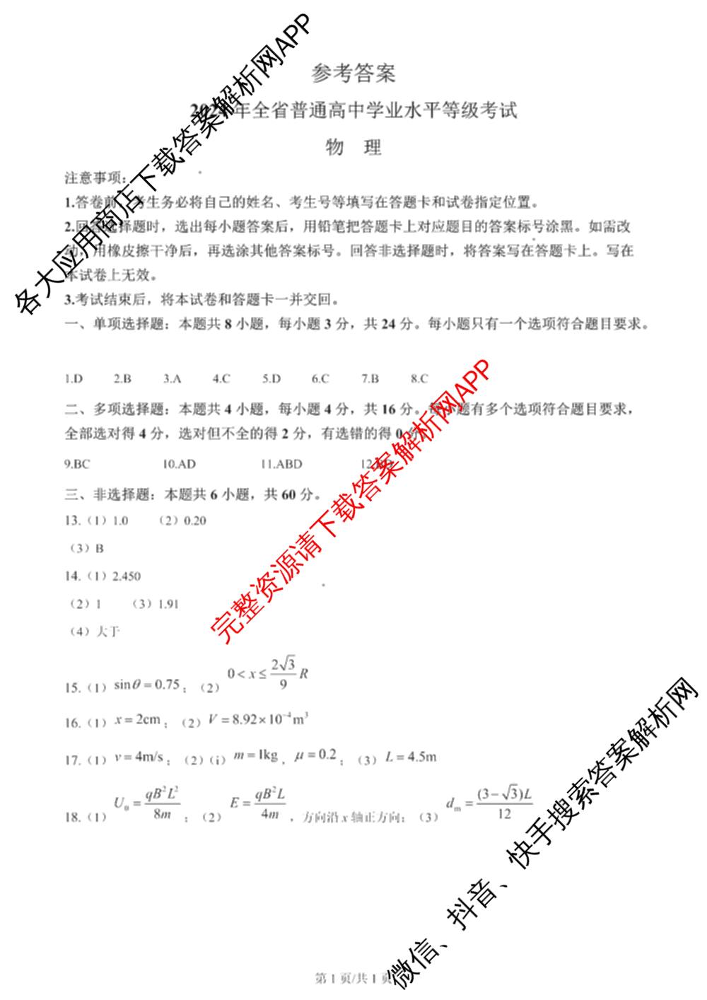 2024年高考真题(新高考)(已更新生物(山东卷) 数学(新课标II卷) 物理(河北卷)等108份)物理答案