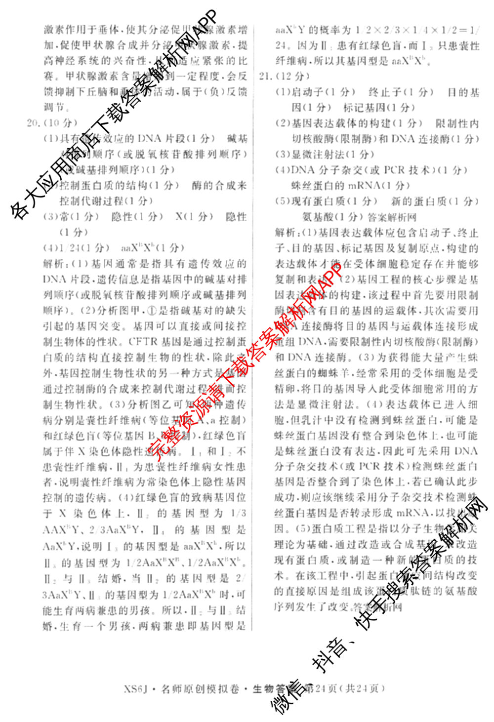 2026届高三总复习名师原创模拟(十二)12各科答案及试卷: 含物理(HN6)、生物(CQX6)、生物(新S6J)试卷解析生物答案