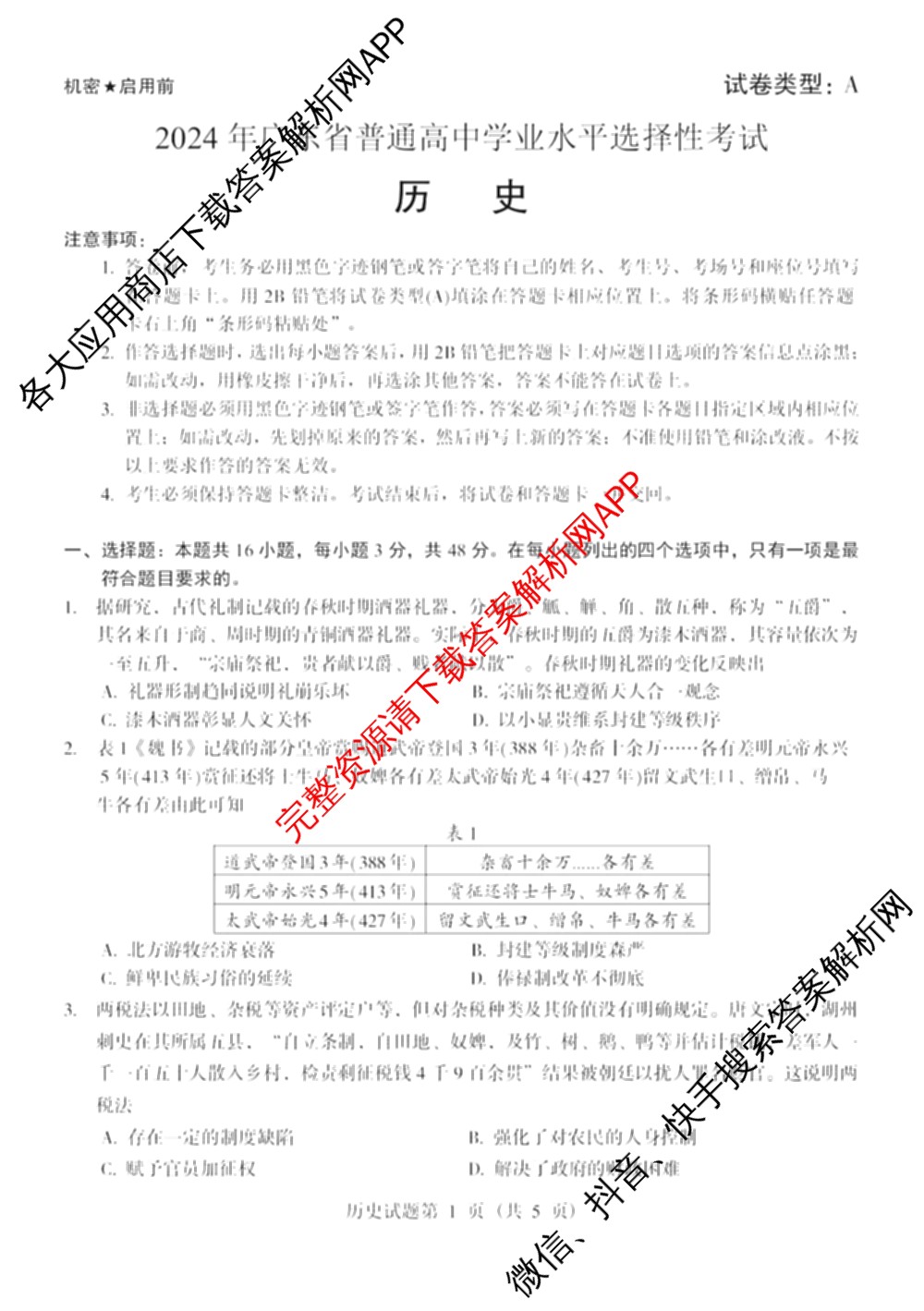 2024年高考真题(新高考)(已更新生物(山东卷) 数学(新课标II卷) 物理(河北卷)等108份)历史试题
