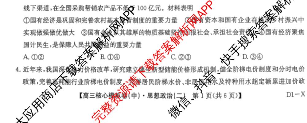 九师联盟2024~2025学年高三核心模拟卷(中)(二)2（含历史 地理(D4) 数学等29份）政治试题