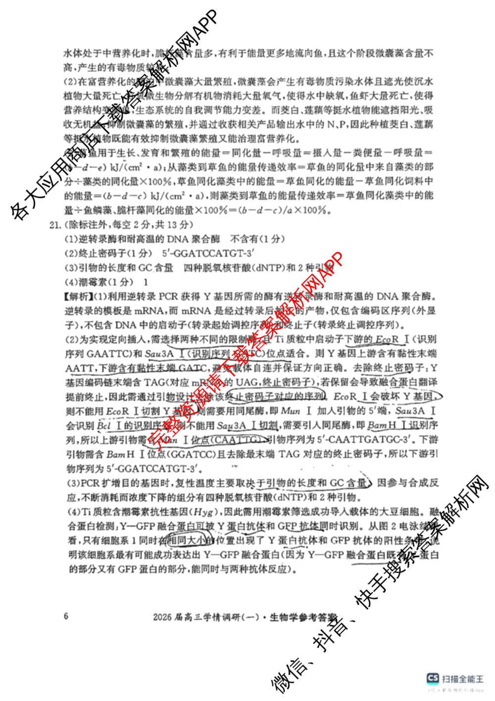 湖南省2026届高三学情调研(一)（含化学、政治、物理等）生物答案