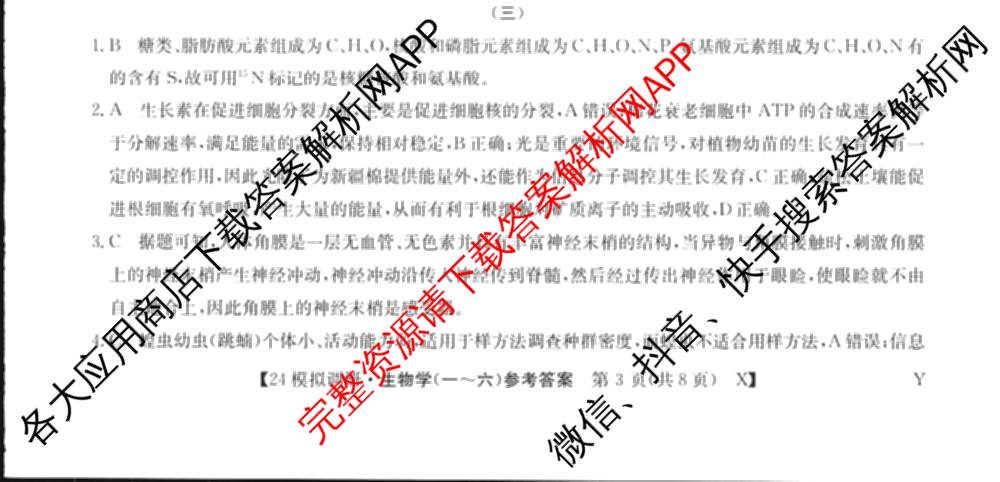 2024年全国高考模拟调研卷(三): 含物理(B Y) 文综(L) 文综(X Y)试卷解析理综答案