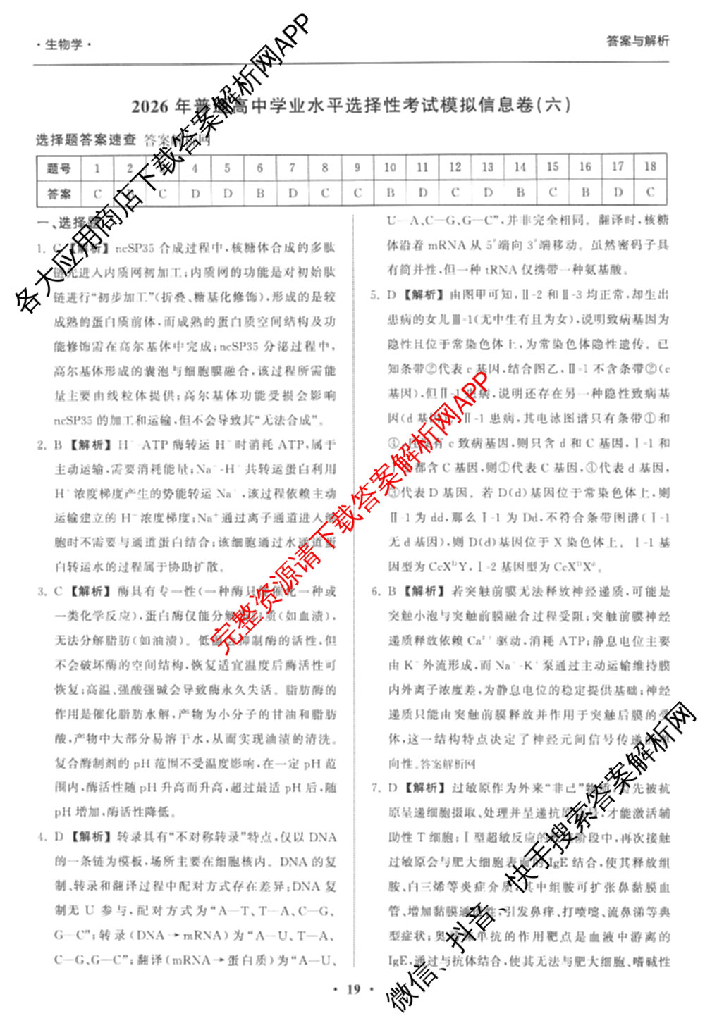 天舟高考衡中同卷2026年普通高等学校招生全国统一考试模拟信息卷(六)6试卷及答案汇总（含化学(山东版) 数学(无字母) 文综(新疆版)等）生物答案