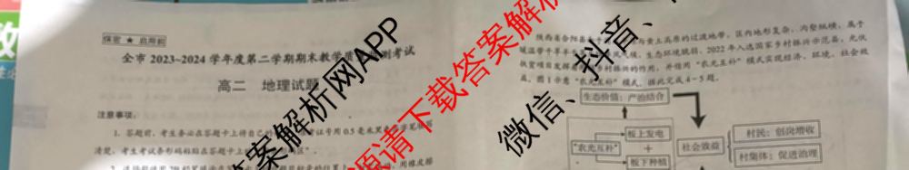 贵州省安顺市全市2023~2024学年度高二第二学期期末教学质量监测考试（含政治 数学 历史等）地理试题