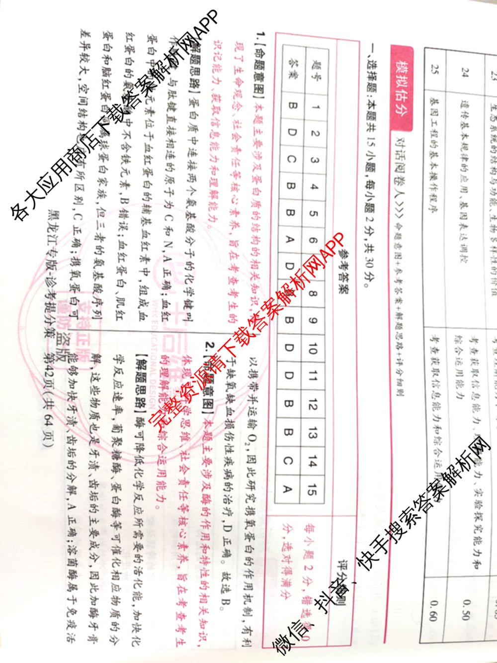 王后雄2024年普通高等学校招生全国统一考试预测卷各科答案及试卷（含语文(安徽专版)、政治(重庆专版)、历史(福建专版)等144份）生物答案