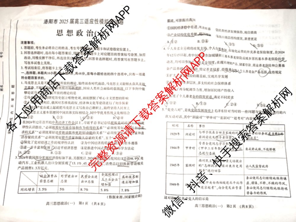 洛阳市2025届高三适应性模拟测试卷(一)各科答案及试卷(已更新化学、英语、语文等9份)政治试题