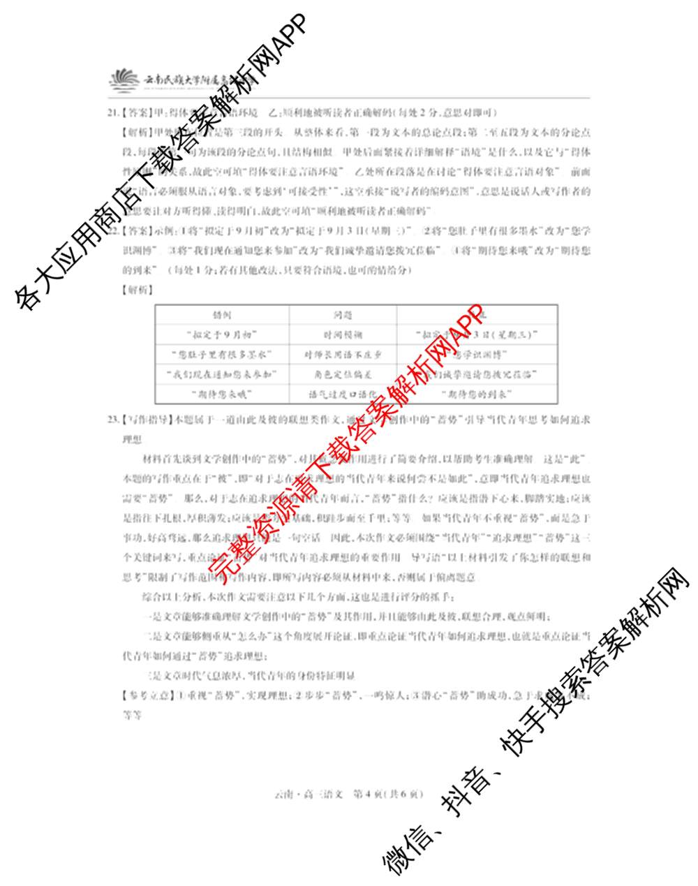 云南民族大学附属高级中学2026届高三联考卷(一)各科答案及试卷（含化学、地理、生物等）语文答案