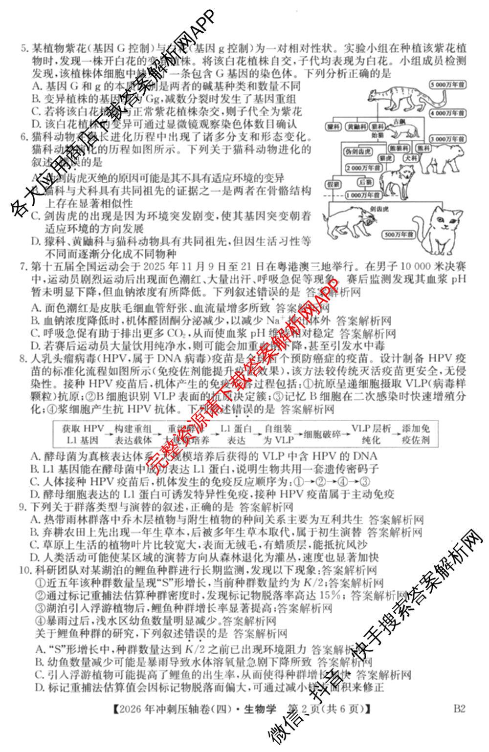 2026年全国高考冲刺压轴卷(四)4各科答案及试卷（含化学(B2)、历史(江西)、地理(广西)等）生物试题