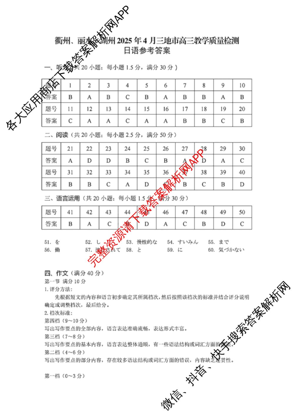湖州、衢州、丽水2025年4月三地市高三教学质量检测(已更新地理、物理、政治等11份)日语答案