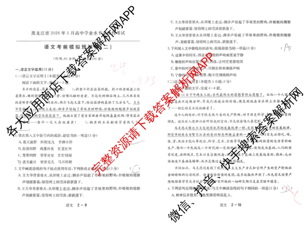 黑龙江省2026年1月高中学业水合格性考试考前模拟预测卷(二)各科答案及试卷（含化学、语文、物理等9份）语文试题