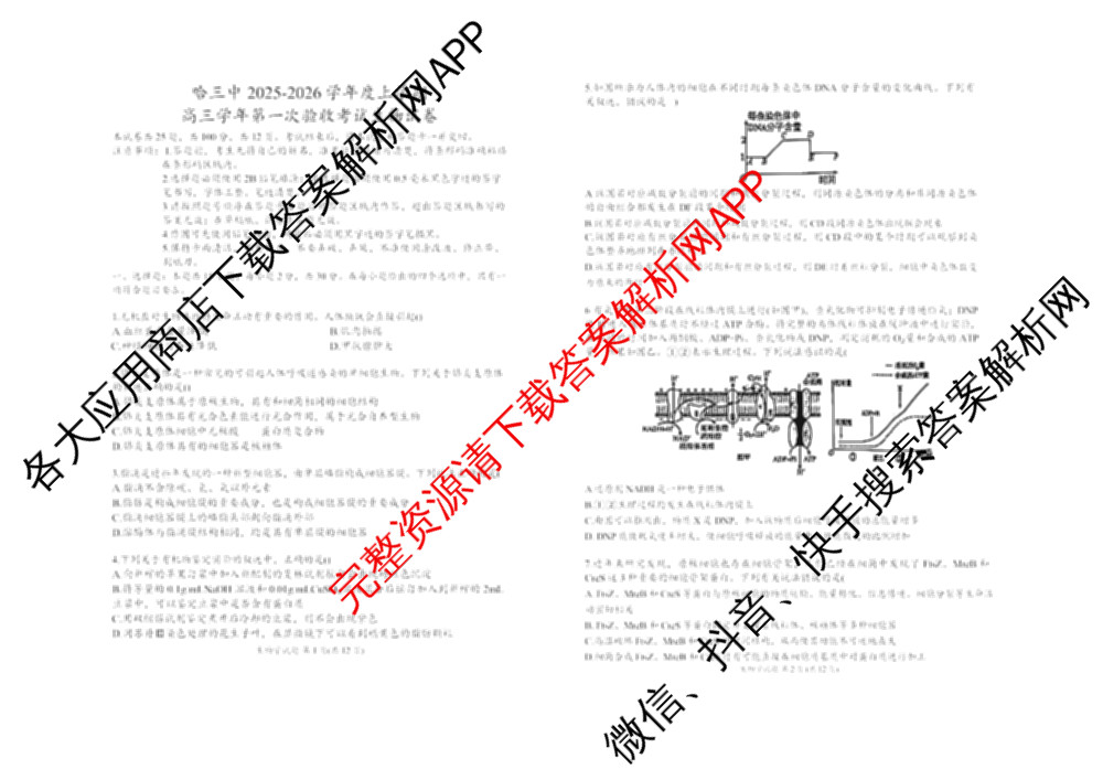 哈三中2025-2026学年度上学期高三学年第一次验收考试试卷及答案汇总（含物理 历史 生物等）生物答案
