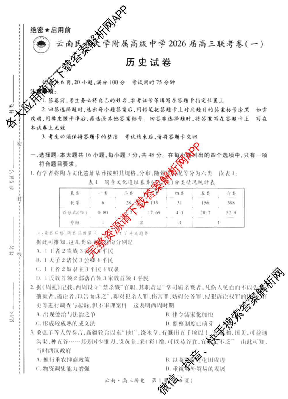 云南民族大学附属高级中学2026届高三联考卷(一)各科答案及试卷（含化学、地理、生物等）历史试题