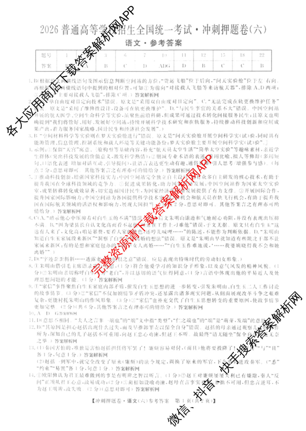 2026普通高等学校招生全国统一考试冲刺押题卷(六)6（16科全）语文答案