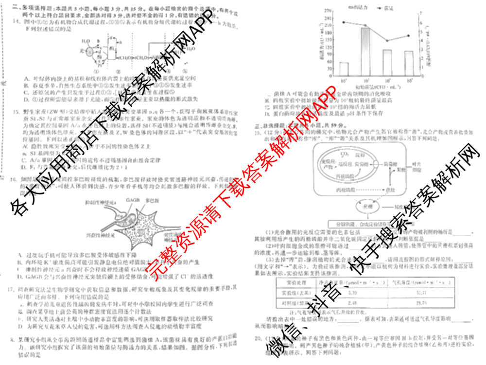 天舟高考衡中同卷2025年普通高等学校招生全国统一考试模拟押题卷(一)1试卷及答案汇总（34科全）生物试题