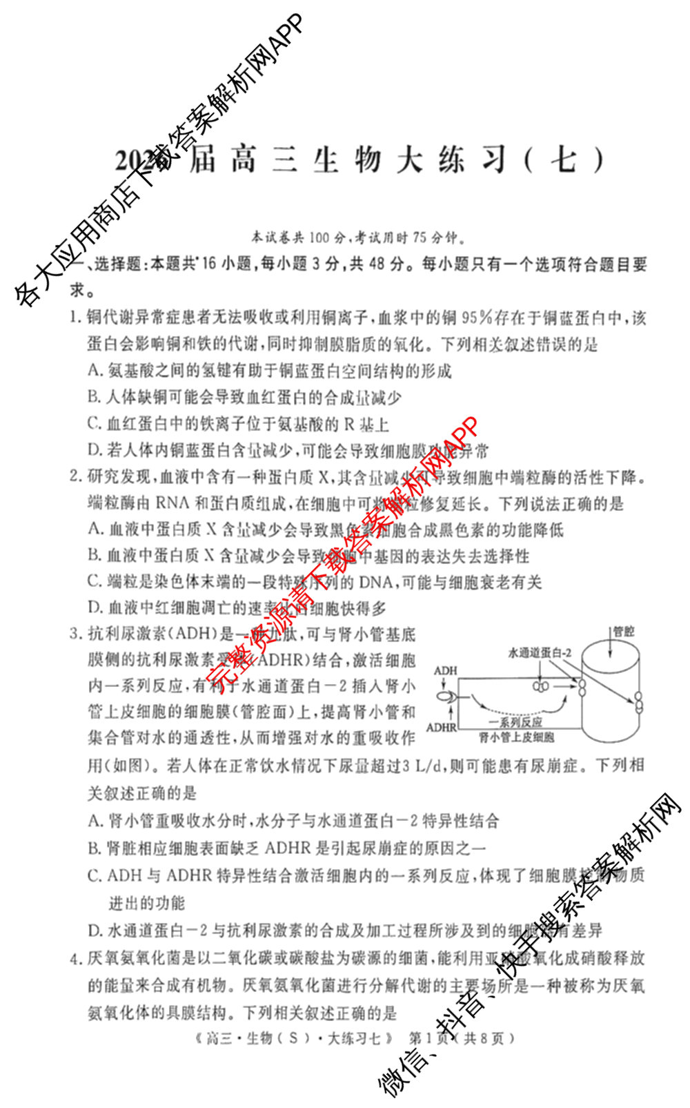 黄冈八模2026届高三大练(七)7（含历史(SD)、地理、物理(JX)等）生物试题