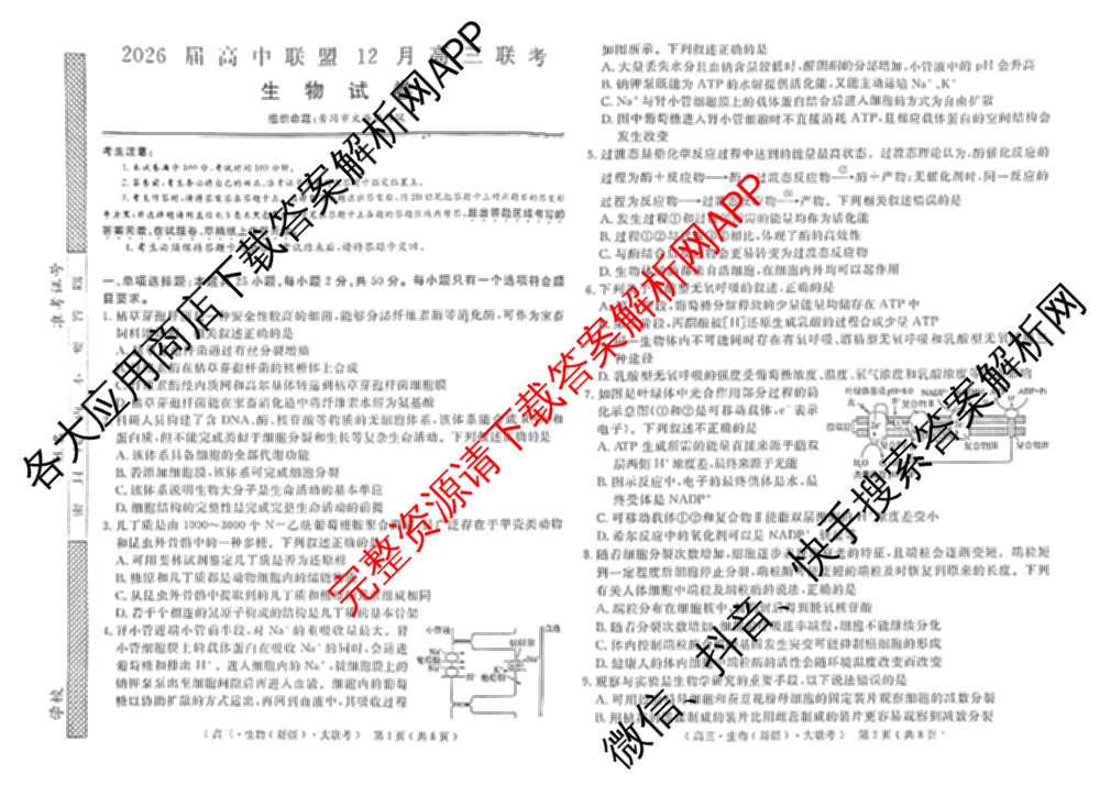 文海大联考2026届高中联盟12月高三联考试卷及答案汇总(已更新化学(江西)、地理、数学等13份)生物试题