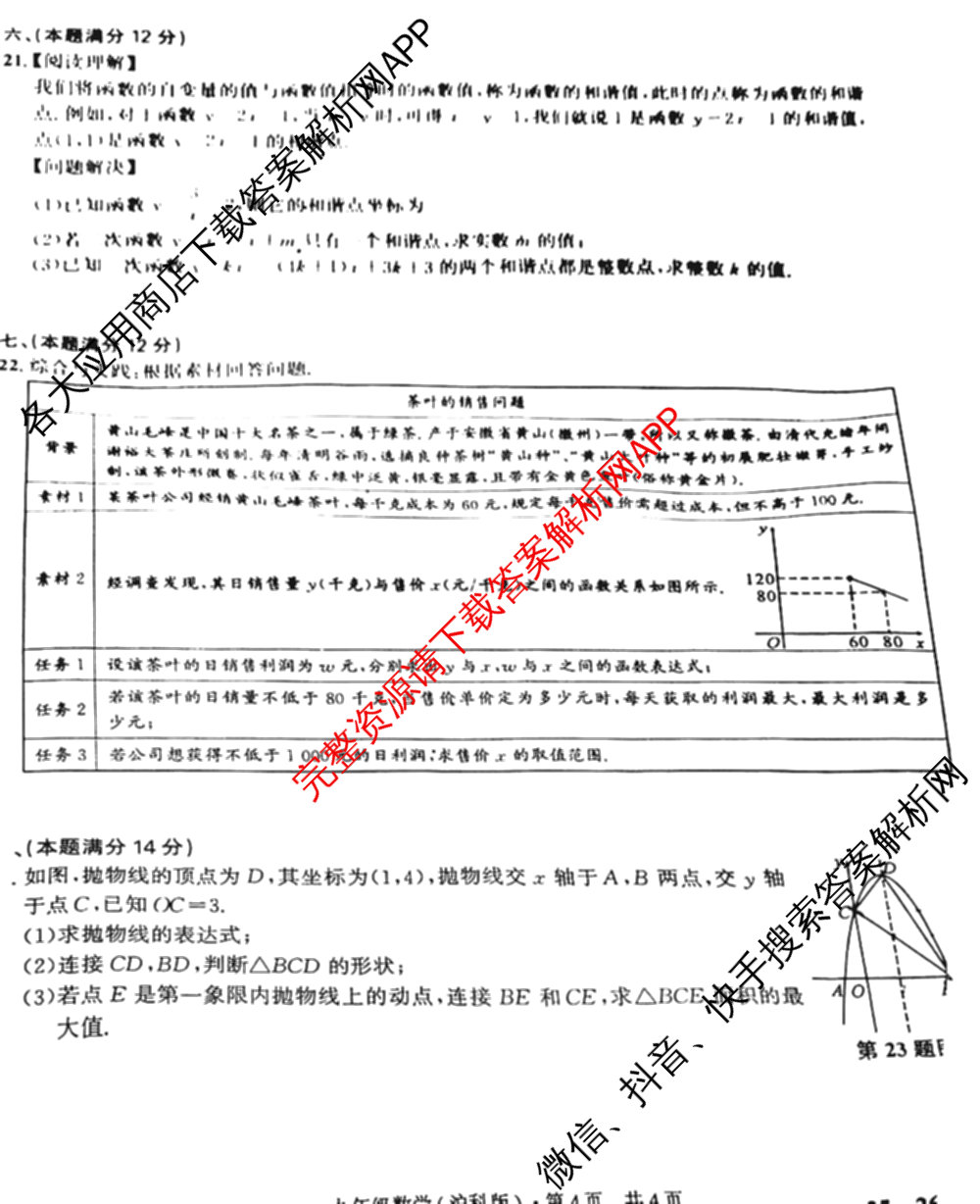 2025-2026学年安徽省九年级教学质量检测(一)(IA): 含物理(北师大版) 数学(沪科版) 数学(沪粤版)试卷解析数学试题
