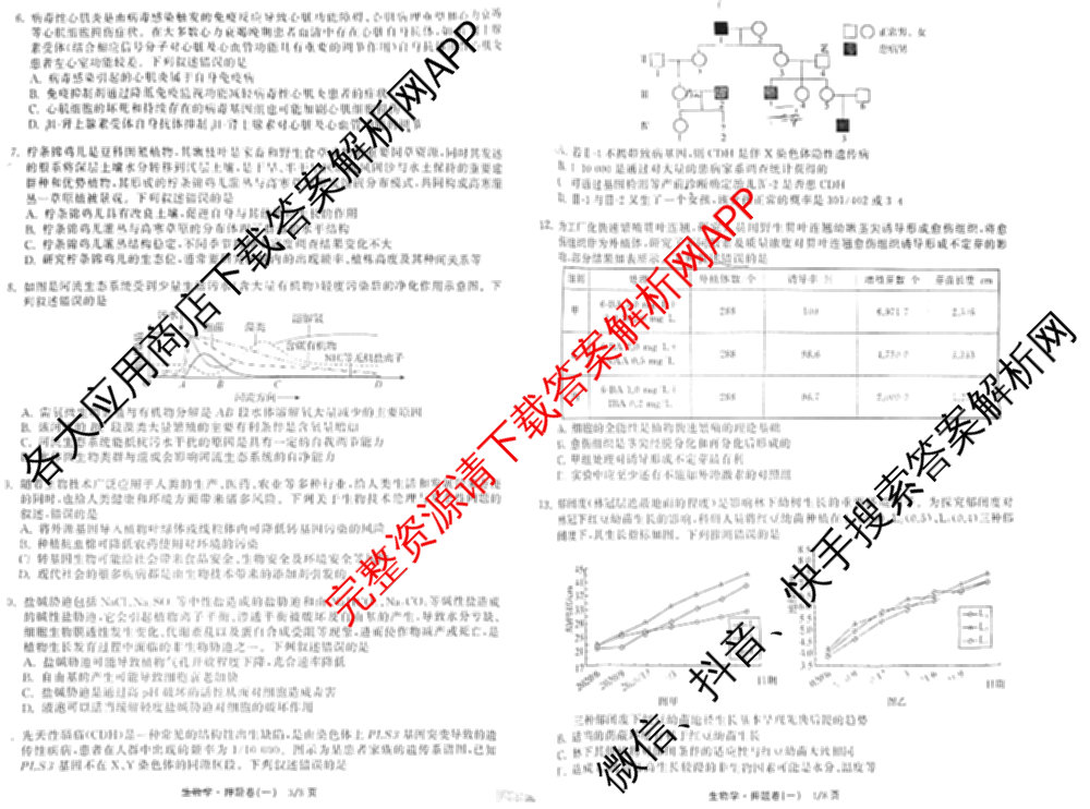 天舟高考衡中同卷2025年普通高等学校招生全国统一考试模拟押题卷(一)1试卷及答案汇总（34科全）生物试题