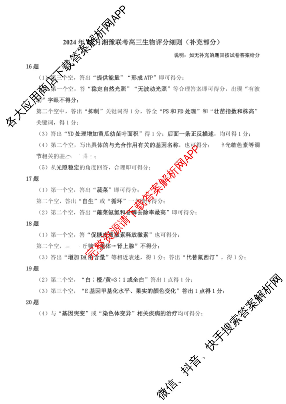 湘豫名校联考2024-2025学年高三一轮复习质量检测(12.24-25)各科答案及试卷（含英语 化学 政治等10份）生物答案