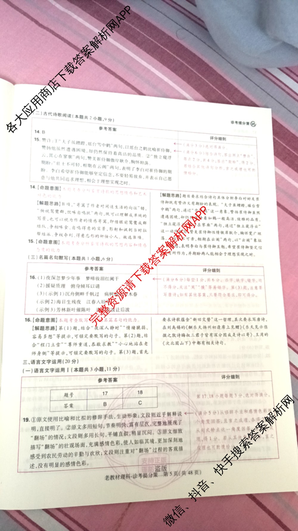 王后雄2024年普通高等学校招生全国统一考试预测卷各科答案及试卷（含语文(安徽专版)、政治(重庆专版)、历史(福建专版)等144份）语文答案