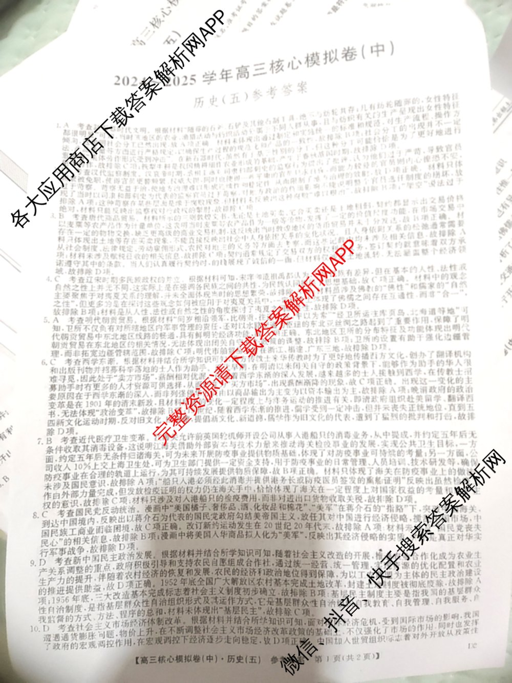 九师联盟2024~2025学年高三核心模拟卷(中)(五)5各科答案及试卷（含地理(HB) 物理(D1) 生物(D1)等）历史答案