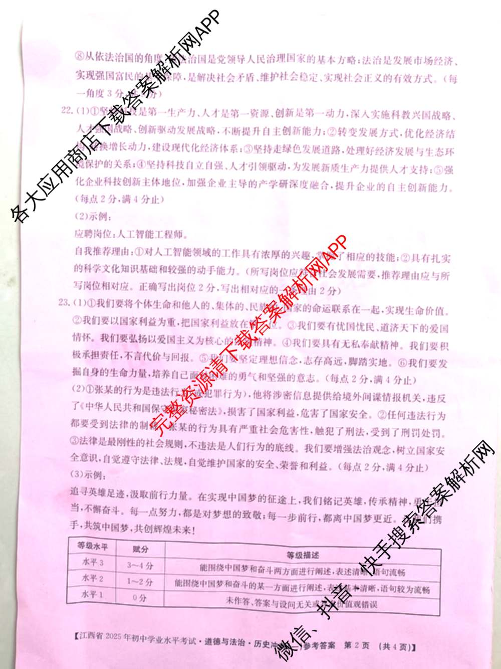 江西省2025年初中学业水考试冲刺(一)（7科全）道德与法治答案