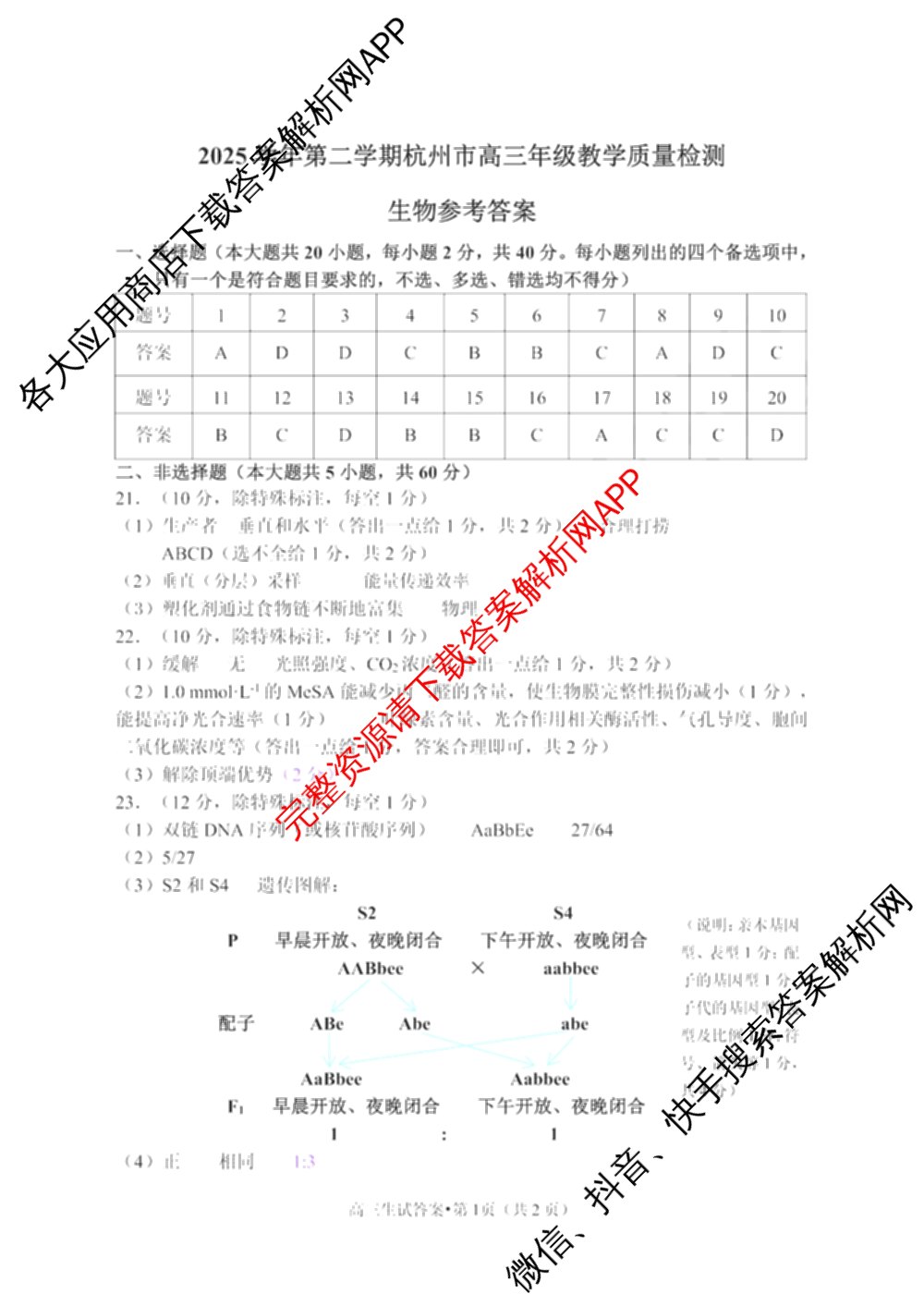 [杭州二模]2025学年第二学期杭州市高三年级教学质量检测试卷及答案汇总（含政治、日语、英语等）生物答案
