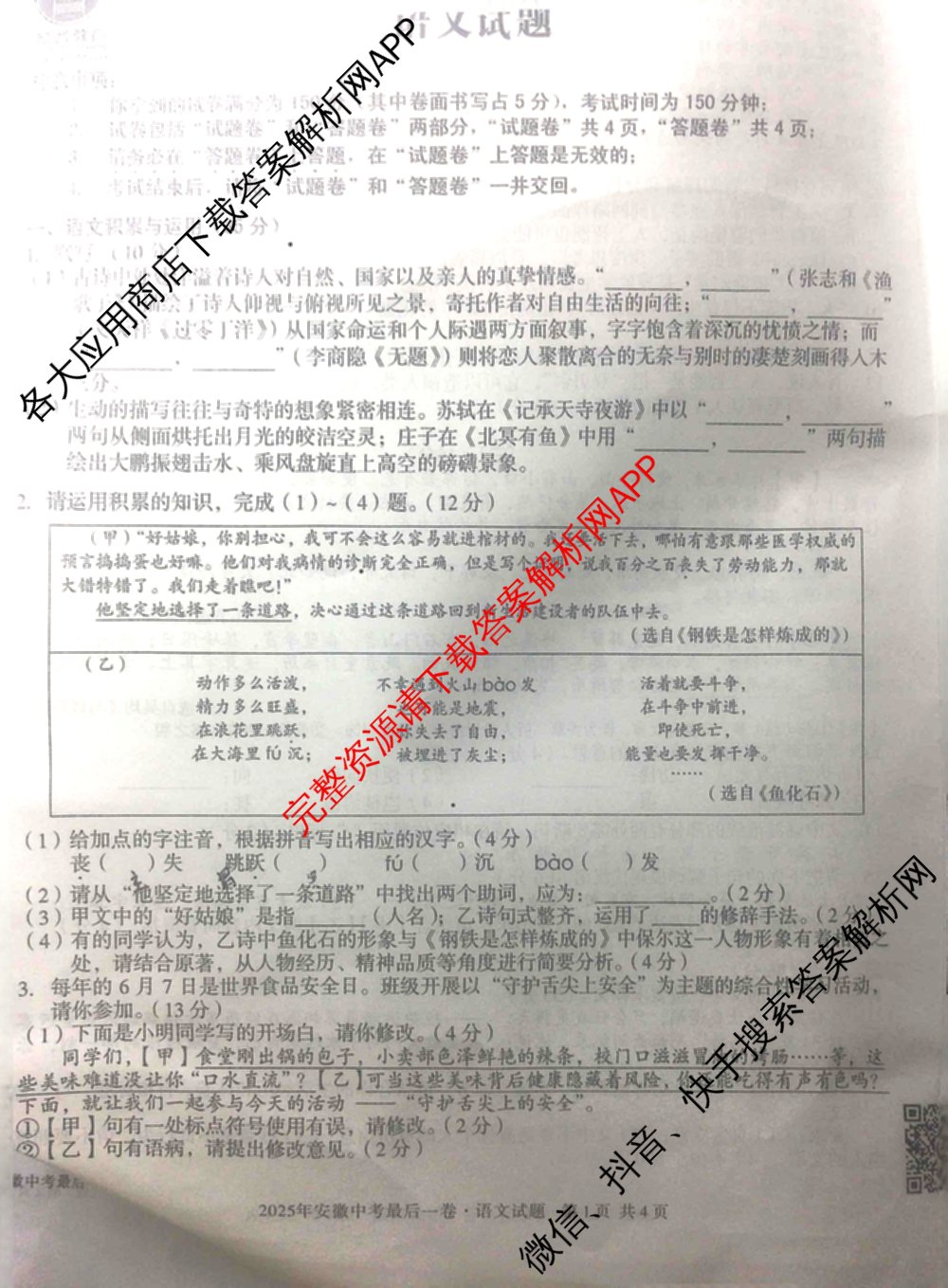 2025年安徽中考最后一卷: 含数学 物理 语文试卷解析语文试题