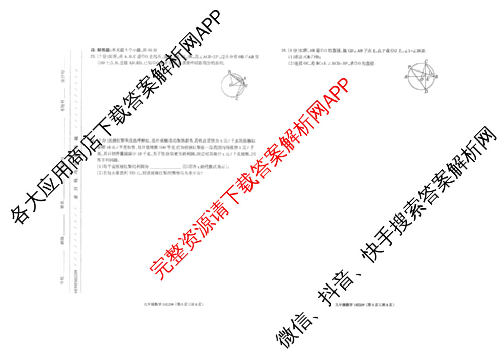 甘肃省2025-2026学年度九年级第一学期学评价(3)各科答案及试卷（7科全）数学试题