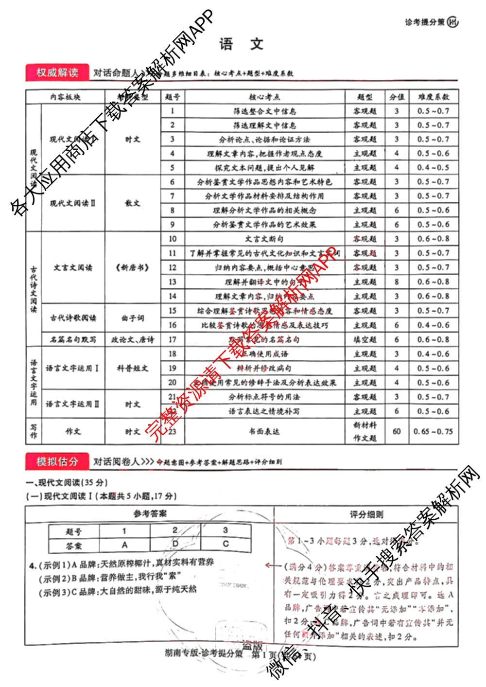 王后雄2024年普通高等学校招生全国统一考试预测卷各科答案及试卷（含语文(安徽专版)、政治(重庆专版)、历史(福建专版)等144份）语文答案