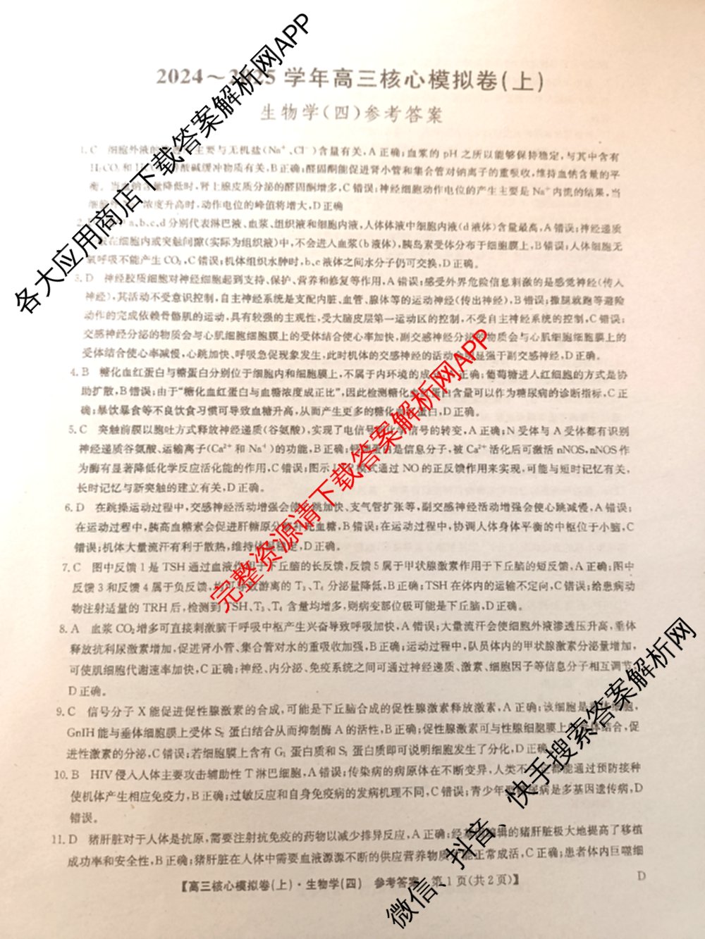九师联盟2024~2025学年高三核心模拟卷(上)(四)4（18科全）生物答案