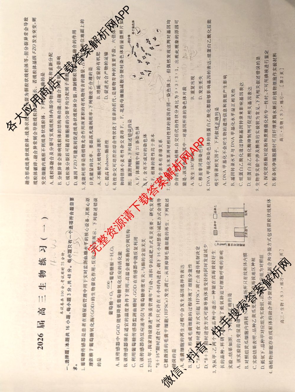 海淀八模2026届高三练(一)（含历史(S)、政治(S)、物理等）生物试题