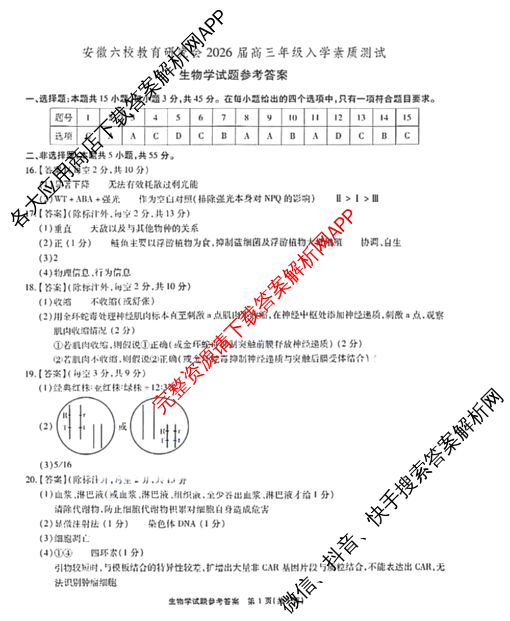 安徽省2026届高三9月六校联考各科答案及试卷（含物理 语文 生物等）生物答案