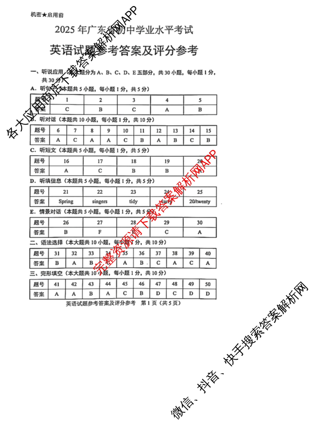 2025年广东省初中学业水平考试试卷及答案汇总（9科全）英语答案