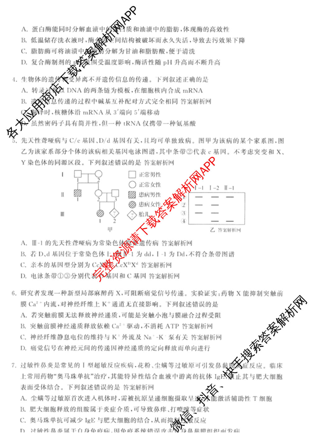 天舟高考衡中同卷2026年普通高等学校招生全国统一考试模拟信息卷(六)6试卷及答案汇总（含化学(山东版) 数学(无字母) 文综(新疆版)等）生物试题