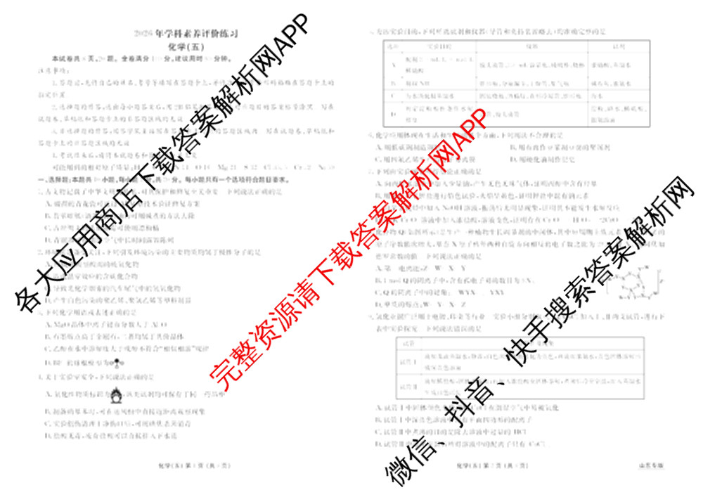 衡水金卷先享题2026年学科素养评价练(五)5各科答案及试卷（含政治(AH)【安徽四川甘肃专版】 物理(HN)【湖南专版】 生物(山东专版)等）化学试题