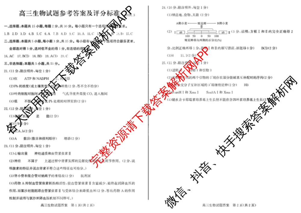 山东省滨州市2026届高三(无标题)(2026.3)试卷及答案汇总（含历史 物理 英语等）生物答案